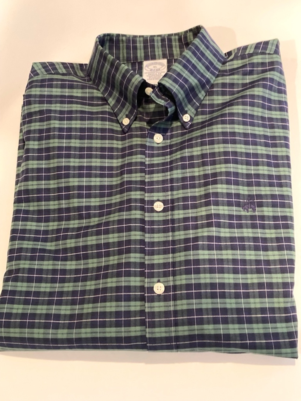 Brooks Brothers 1818 Navy Green Plaid Men’s Button Down Shirt Logo Golden Fleece